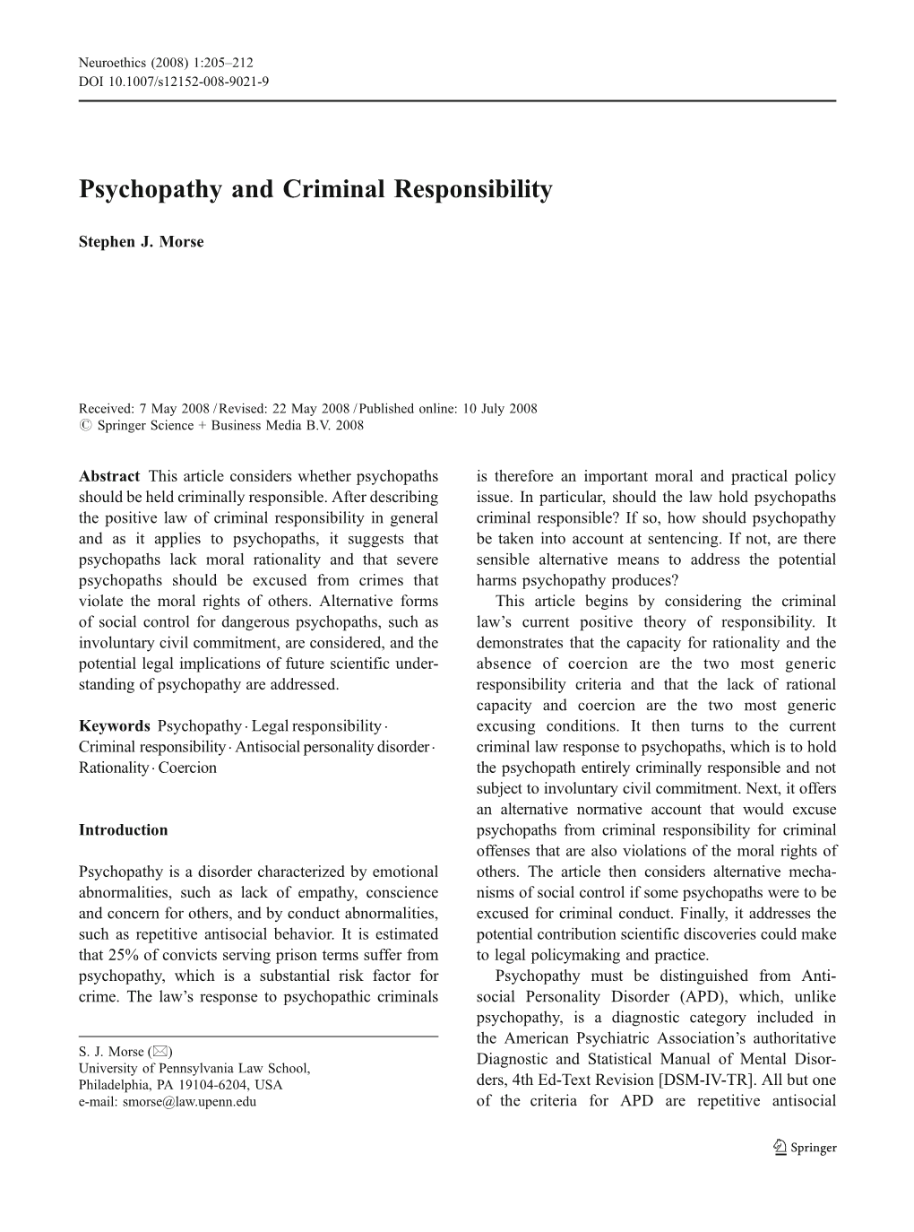 Psychopathy and Criminal Responsibility