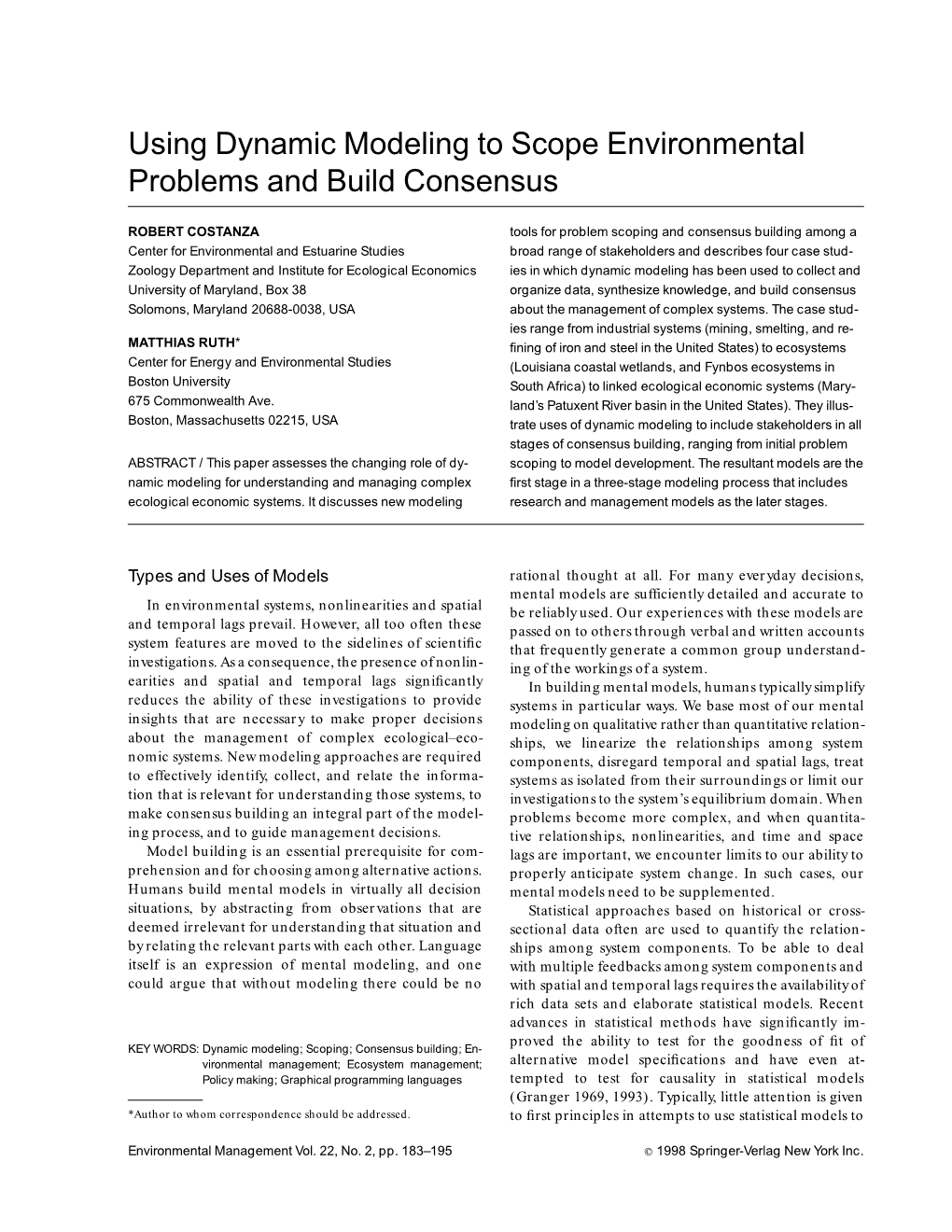 Using Dynamic Modeling to Scope Environmental Problems and Build Consensus