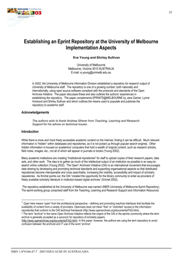 Establishing an Eprint Repository at the University of Melbourne Implementation Aspects