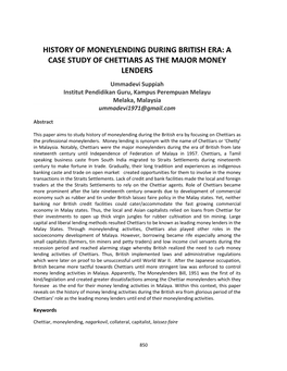 A CASE STUDY of CHETTIARS AS the MAJOR MONEY LENDERS Ummadevi Suppiah Institut Pendidikan Guru, Kampus Perempuan Melayu Melaka, Malaysia Ummadevi1971@Gmail.Com