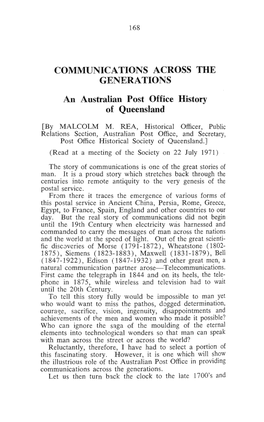 COMMUNICATIONS ACROSS the GENERATIONS an Australian Post Office History of Queensland