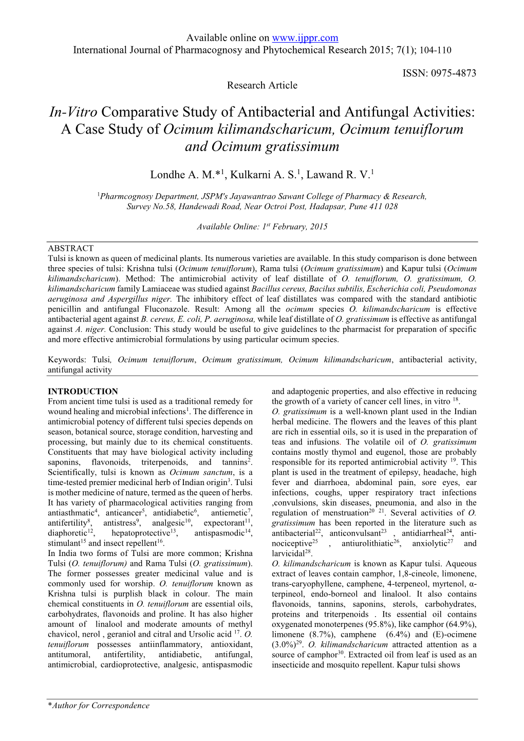 In-Vitro Comparative Study of Antibacterial and Antifungal Activities: a Case Study of Ocimum Kilimandscharicum, Ocimum Tenuiflorum and Ocimum Gratissimum