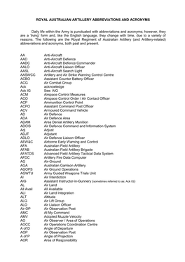 Royal Australian Artillery Abbreviations and Acronyms
