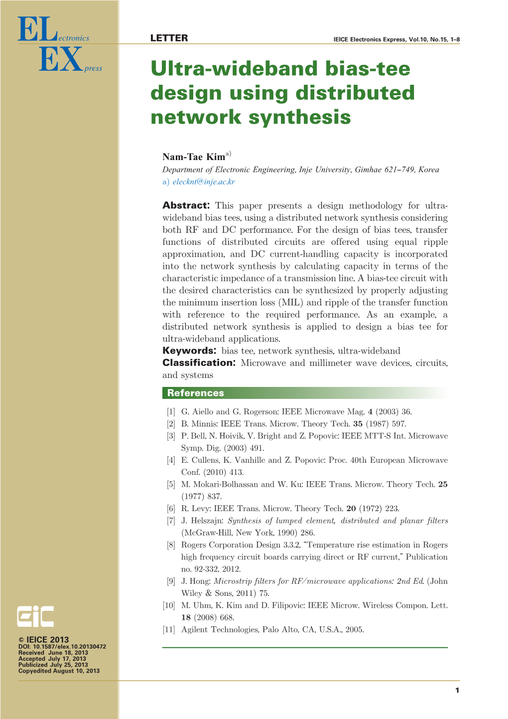 Ultra-Wideband Bias-Tee Design Using Distributed Network Synthesis