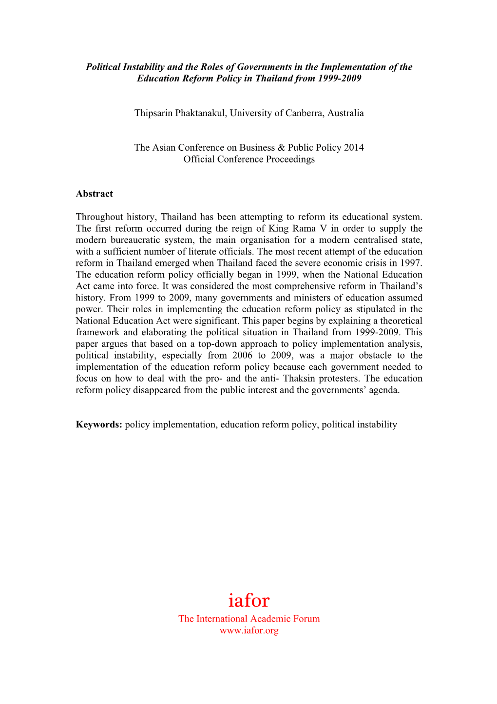 Political Instability and the Roles of Governments in the Implementation of the Education Reform Policy in Thailand from 1999-2009