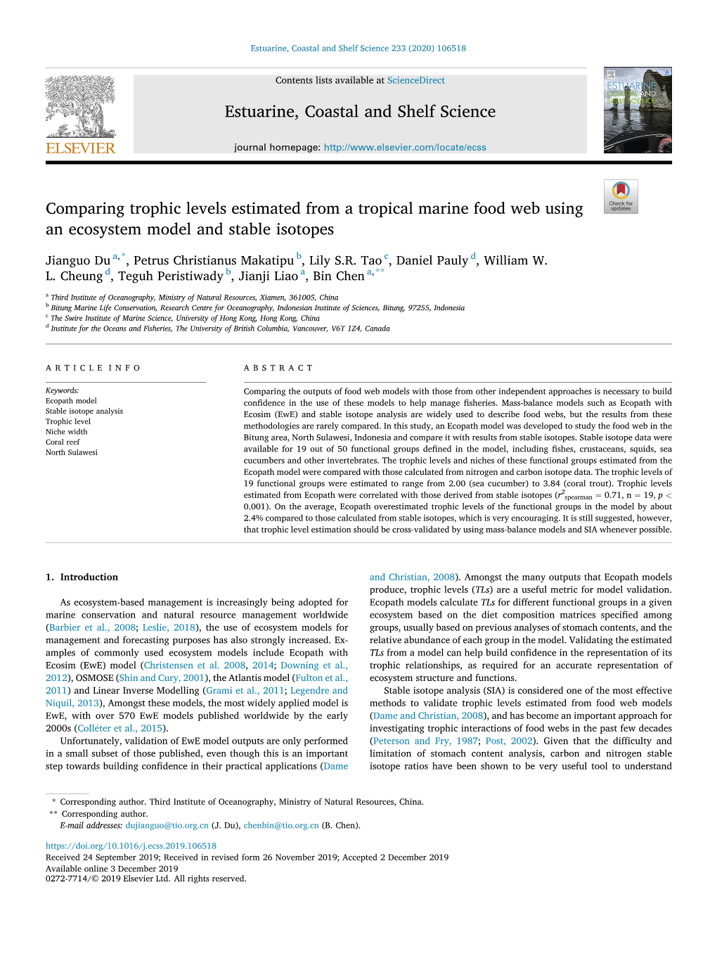 Comparing Trophic Levels Estimated from a Tropical Marine Food Web Using an Ecosystem Model and Stable Isotopes