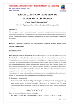 Ramanujan's Contribution to Mathematical World