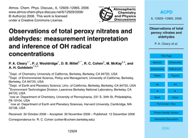 Observations of Total Peroxy Nitrates and Aldehydes 4 Steady State Calculation of Peroxy Nitrates P