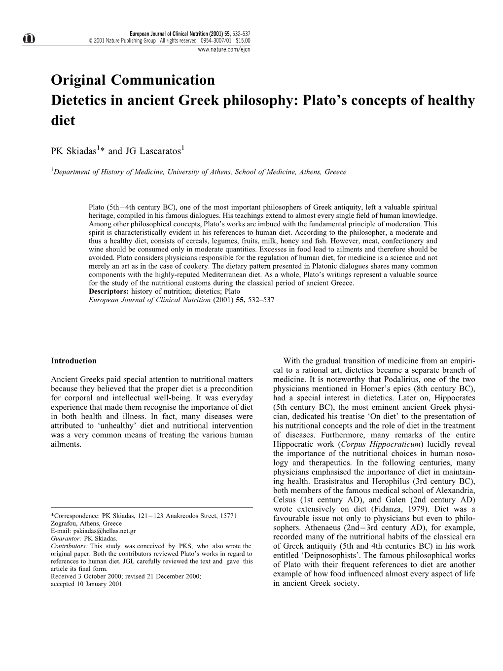 Original Communication Dietetics in Ancient Greek Philosophy: Plato's Concepts of Healthy Diet