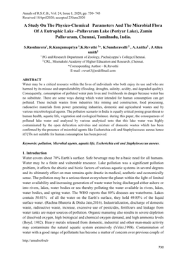 A Study on the Physico-Chemical Parameters and the Microbial Flora of a Eutrophic Lake –Pallavaram Lake (Periyar Lake), Zamin Pallavaram, Chennai, Tamilnadu, India