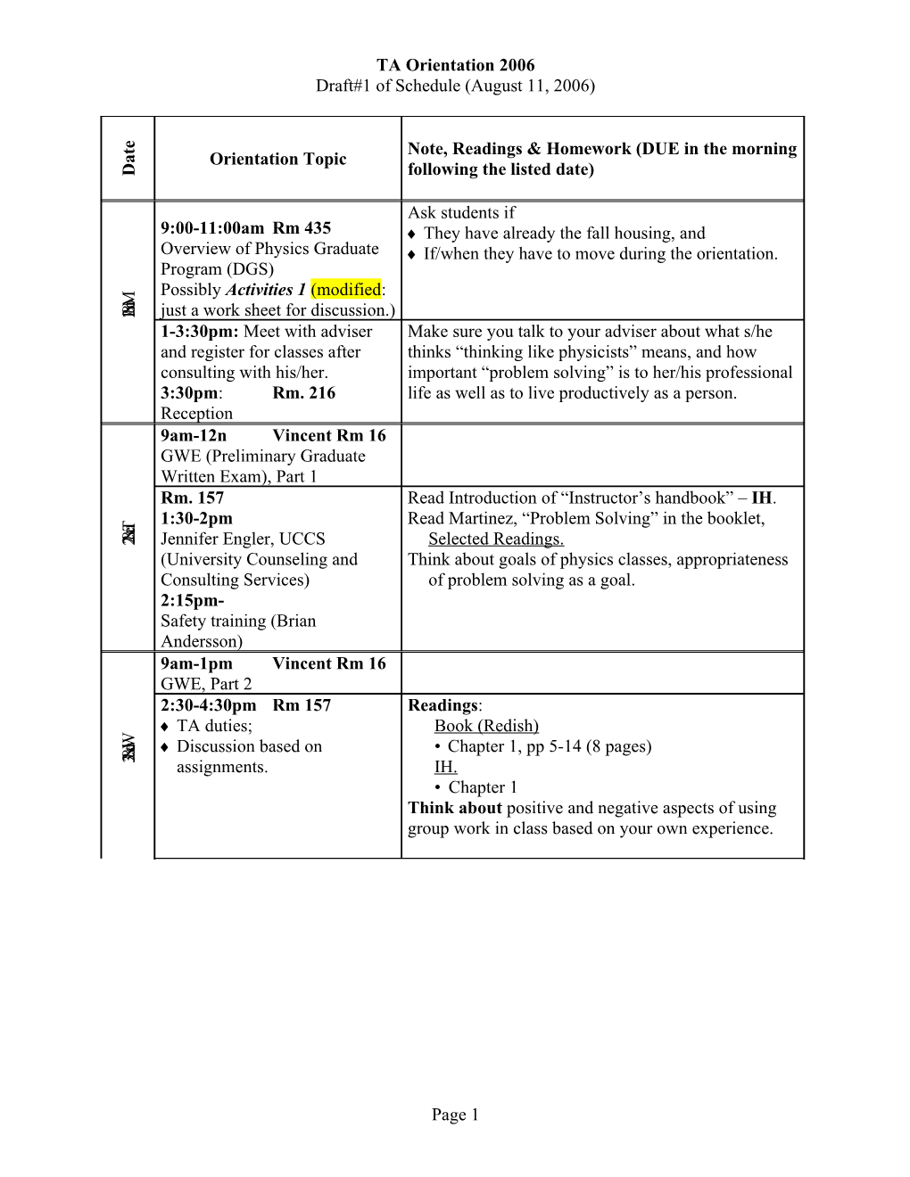 Draft #1 of Schedule 8/11/06