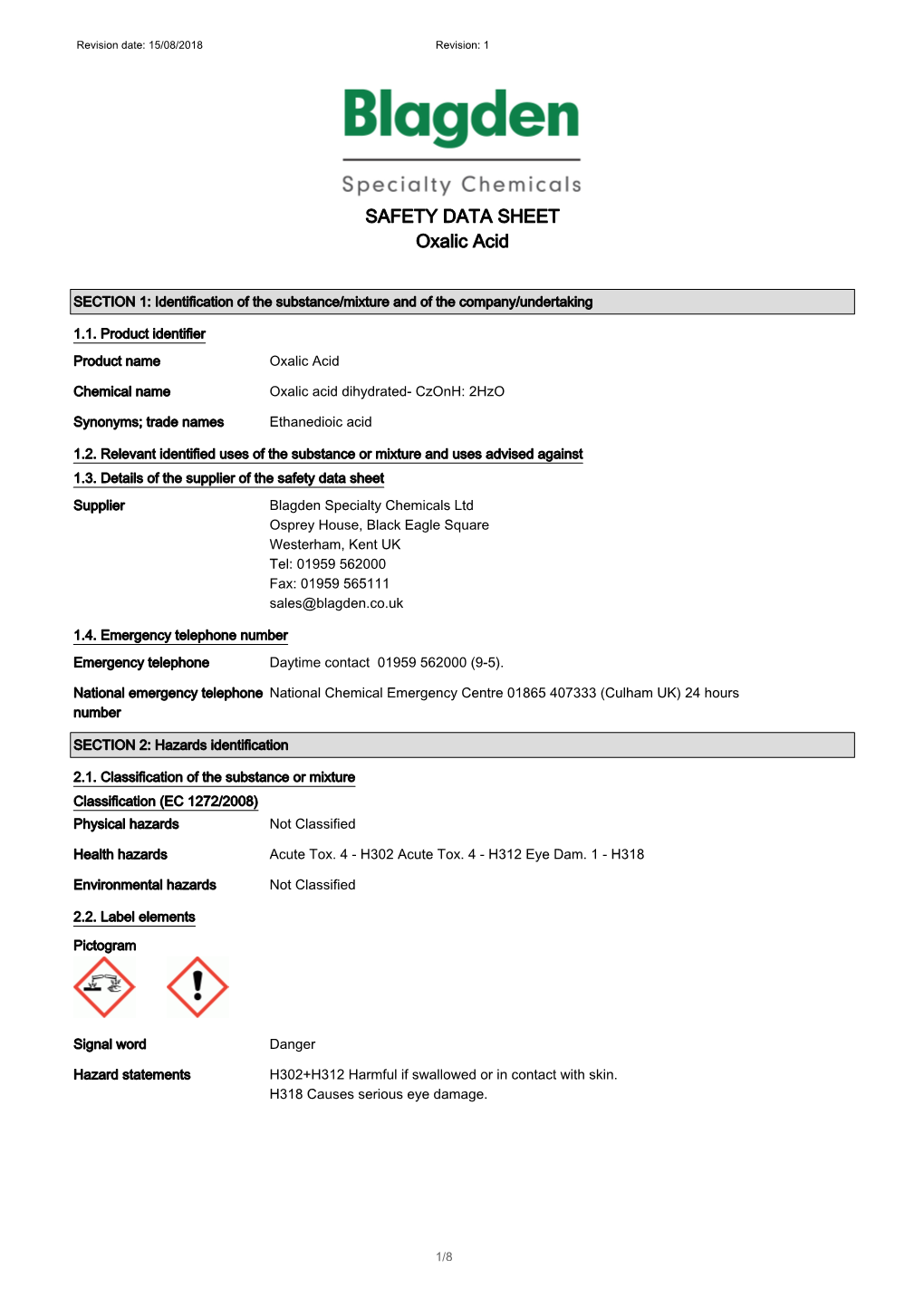 SAFETY DATA SHEET Oxalic Acid DocsLib