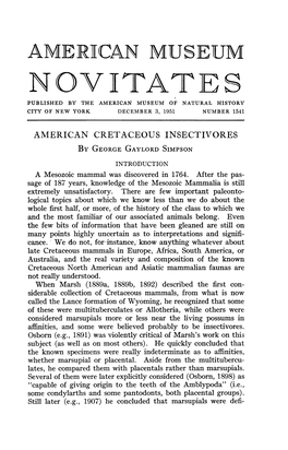 Novistates Published by the American Museum of Natural History City of New York December 3, 1951 Number 1541