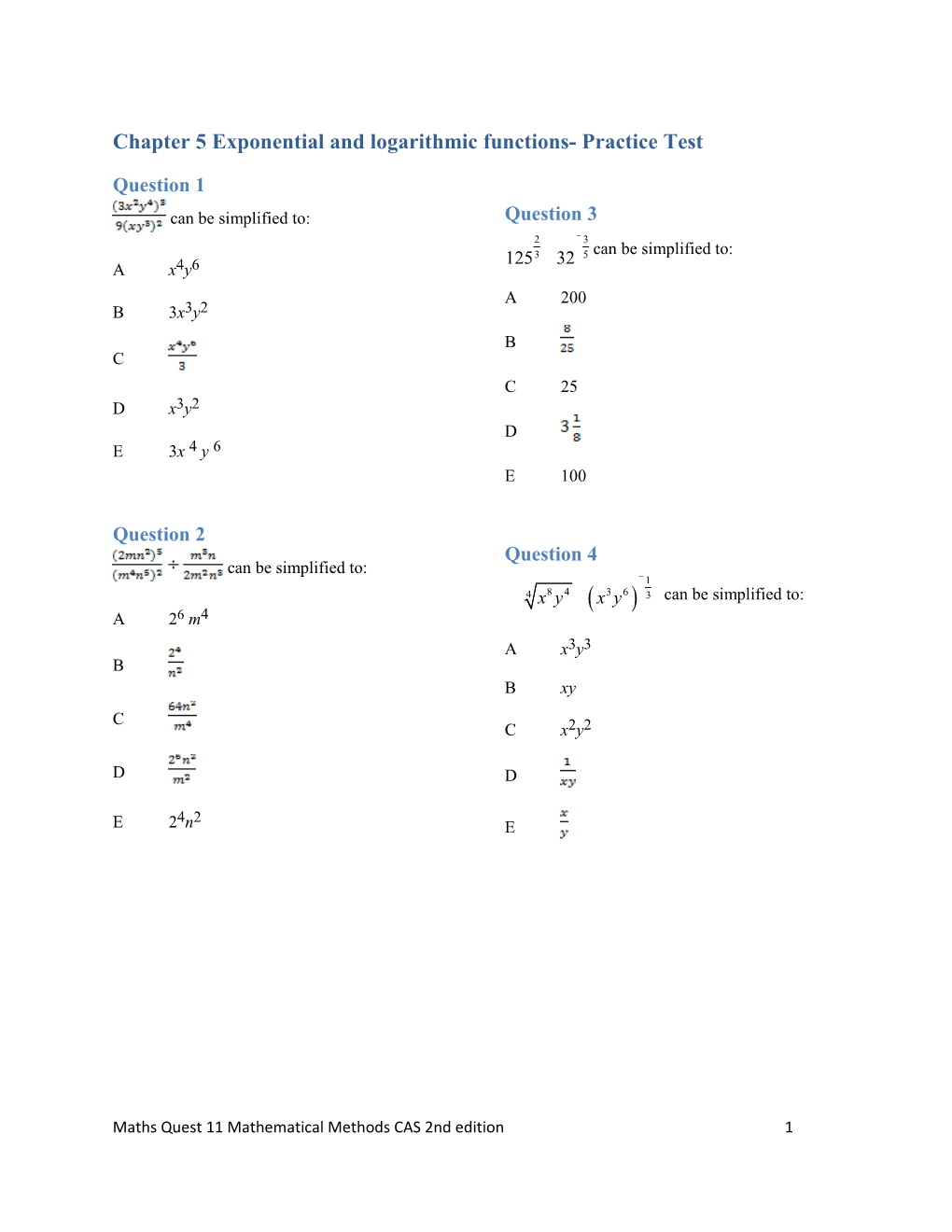 Chapter 5 Exponential and Logarithmic Functions- Practice Test