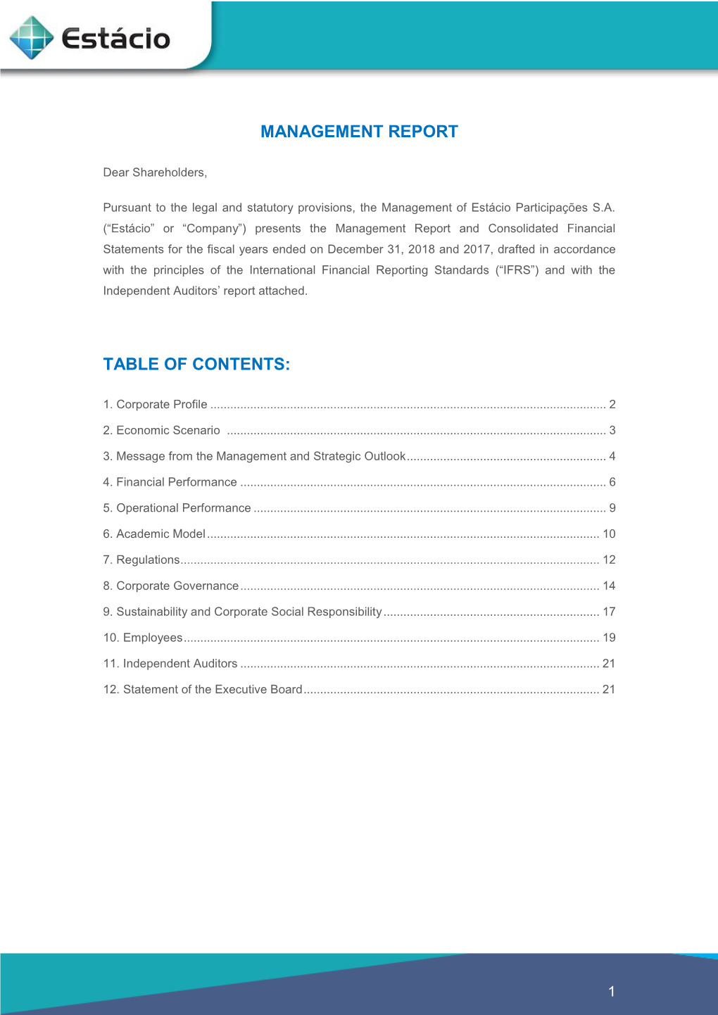 Management Report Table of Contents