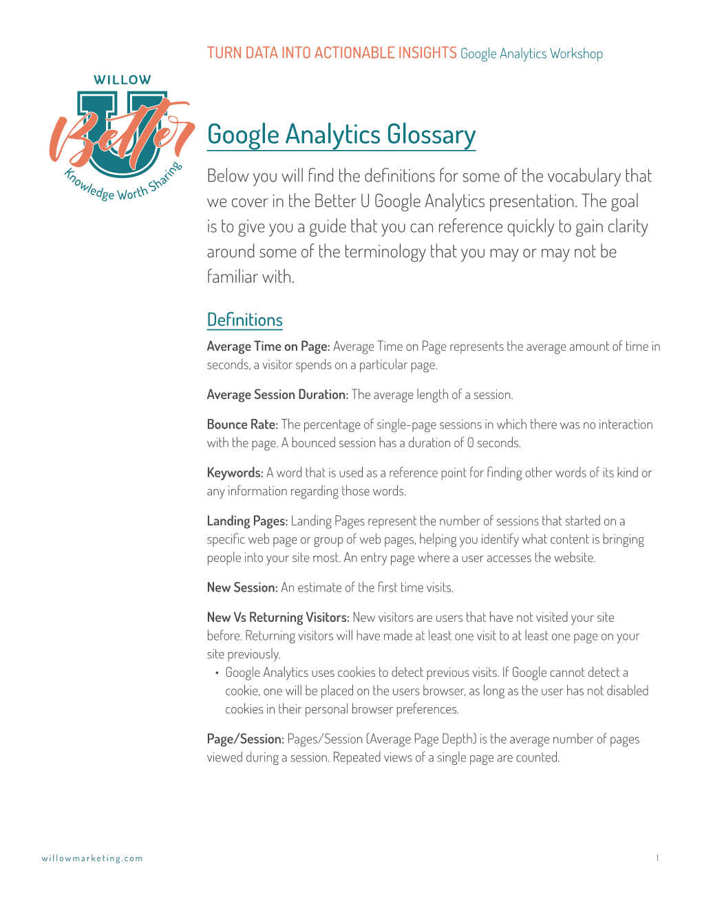 Google Analytics Glossary Below You Will Find the Definitions for Some of the Vocabulary That We Cover in the Better U Google Analytics Presentation