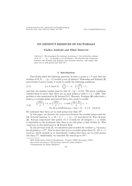 ON DISTINCT RESIDUES of FACTORIALS Vladica Andrejić And