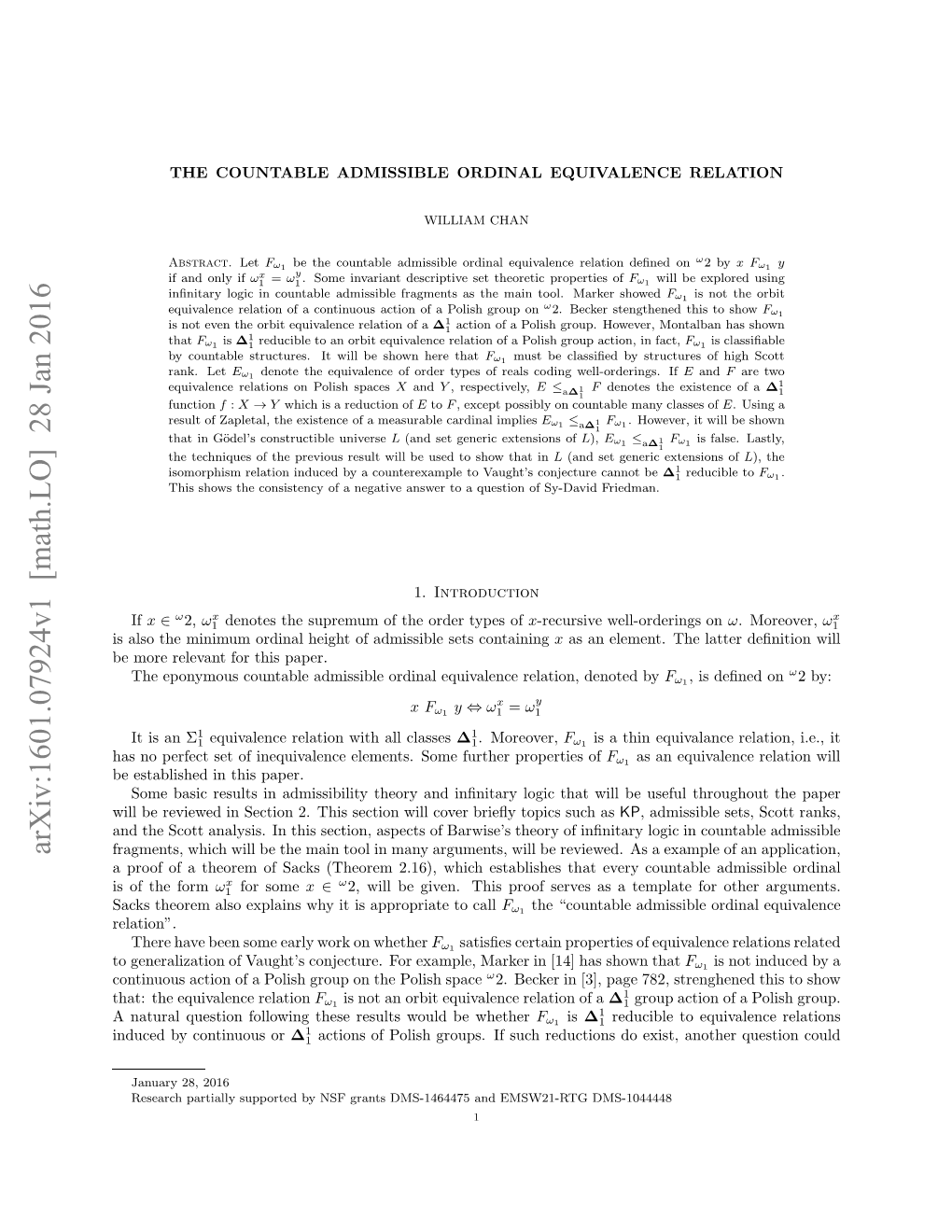 The Countable Admissible Ordinal Equivalence Relation