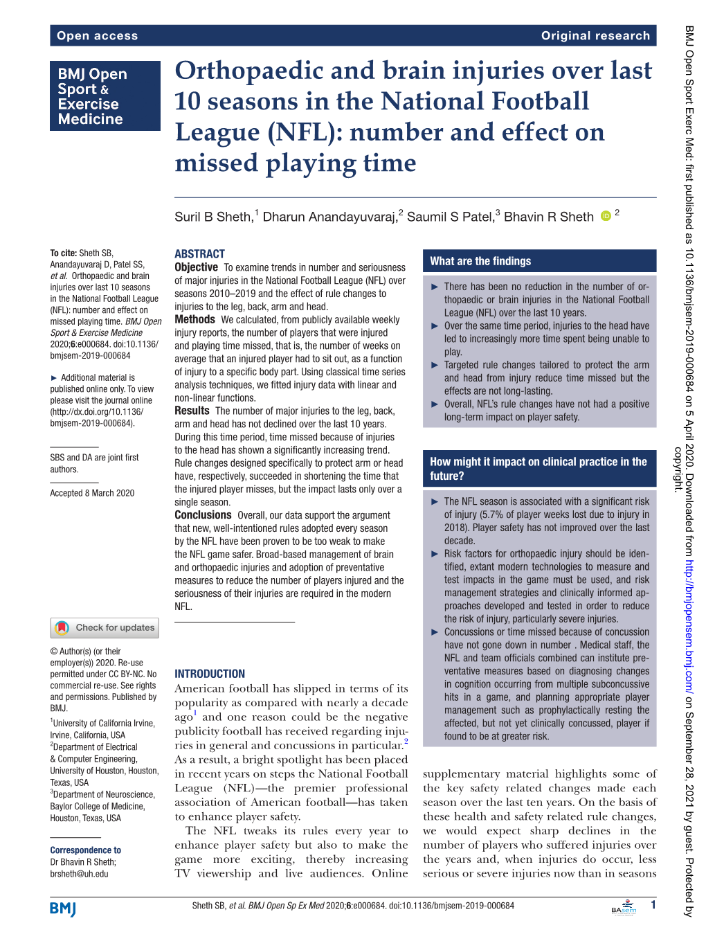 Orthopaedic and Brain Injuries Over Last 10 Seasons in the National Football League (NFL): Number and Effect on Missed Playing Time