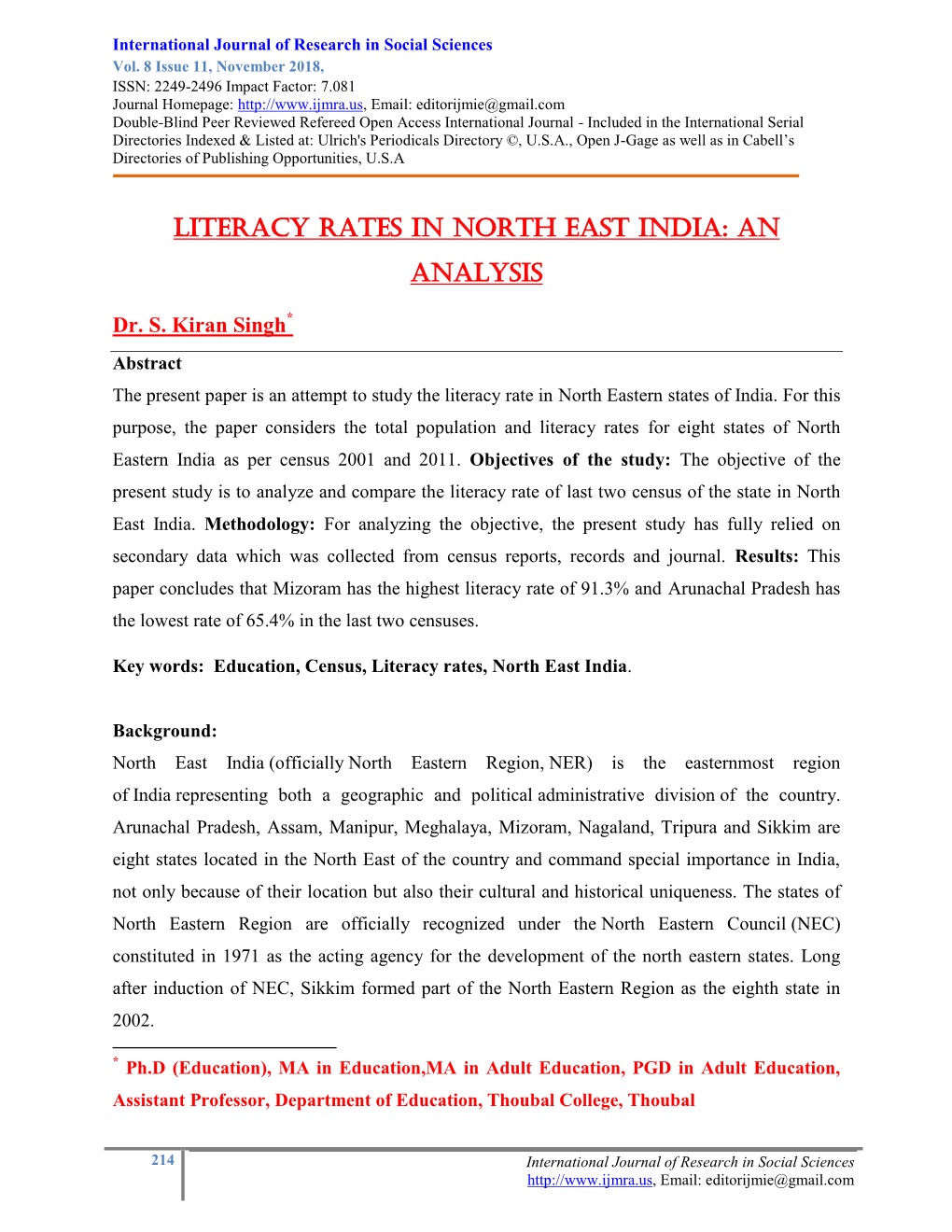 Literacy Rates in North East India: an Analysis