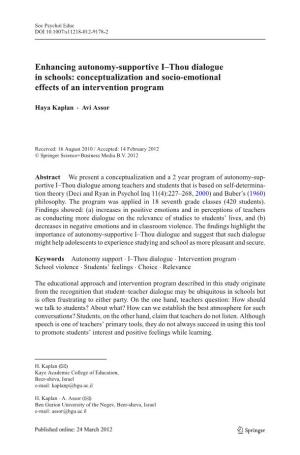 Enhancing Autonomy-Supportive I–Thou Dialogue in Schools: Conceptualization and Socio-Emotional Effects of an Intervention Program