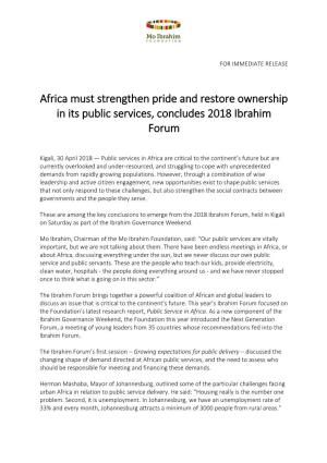 Africa Must Strengthen Pride and Restore Ownership in Its Public Services, Concludes 2018 Ibrahim Forum