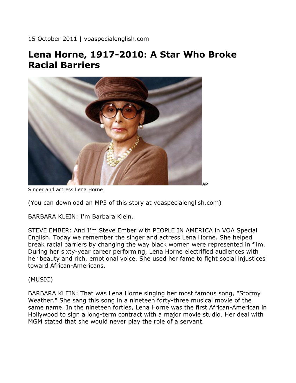 Lena Horne, 1917-2010: a Star Who Broke Racial Barriers