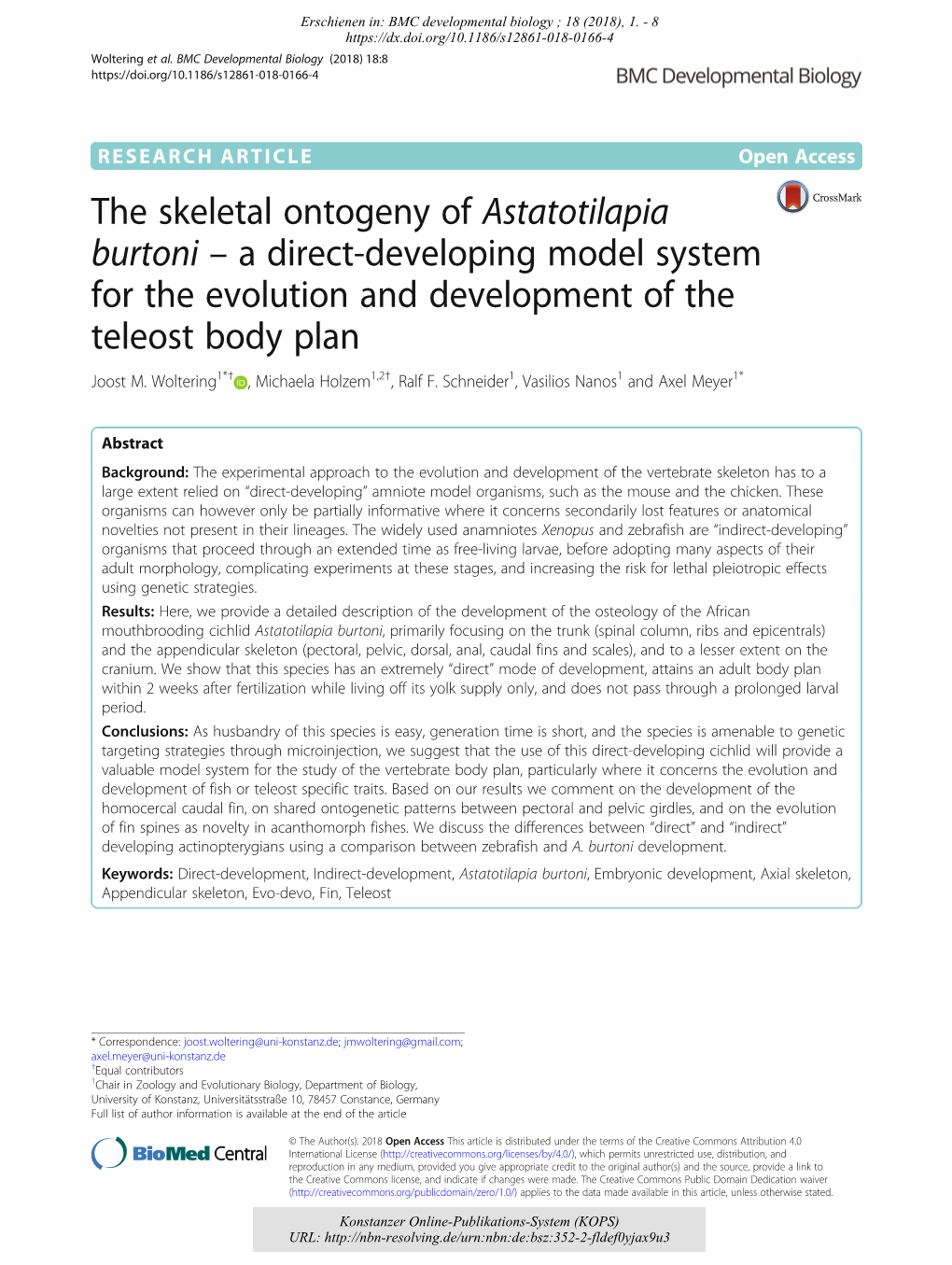 The Skeletal Ontogeny of Astatotilapia Burtoni : a Direct-Developing Model