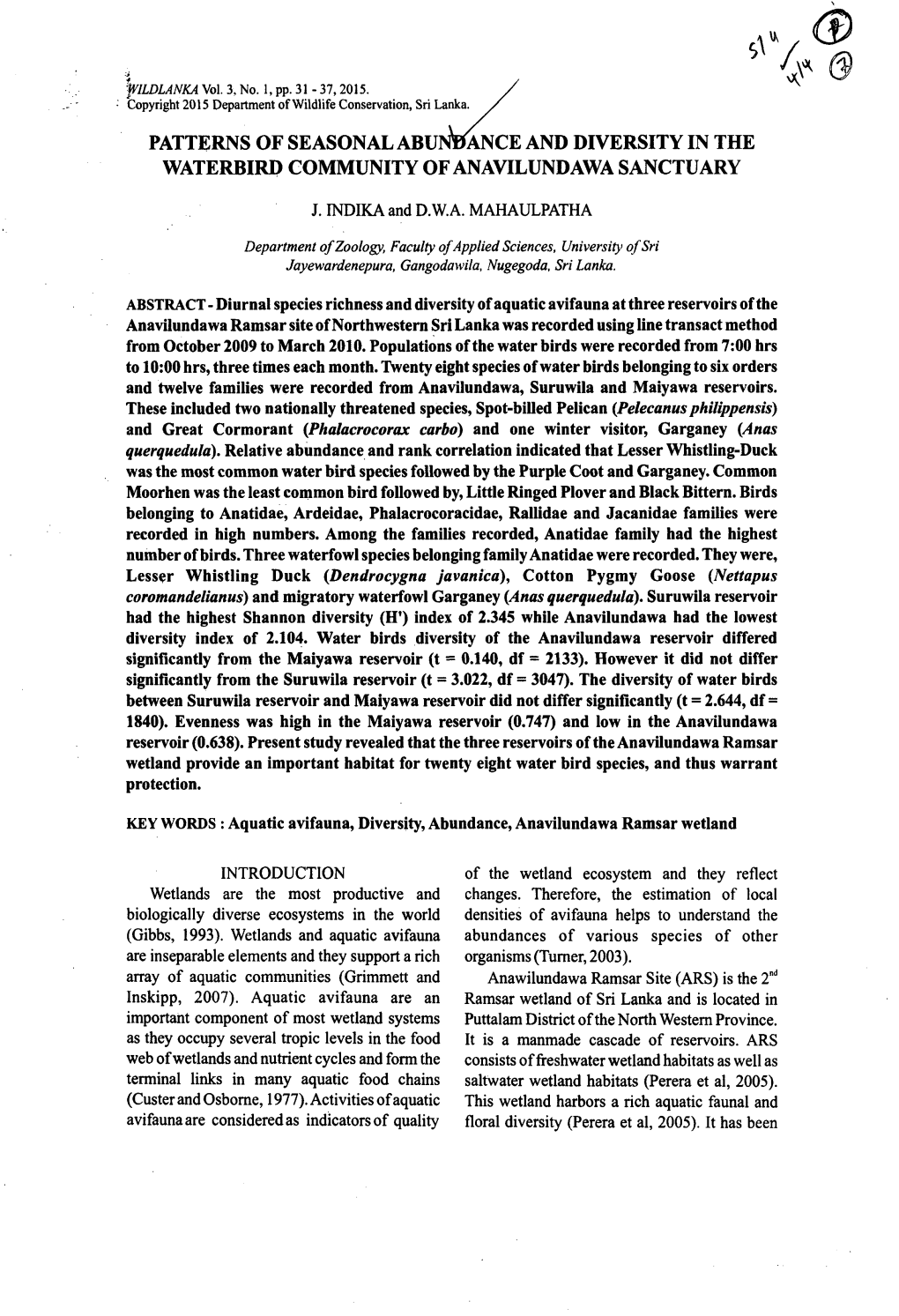 PATTERNS of SEASONAL Abulj'efance and DIVERSITY in the WATERBIRD COMMUNITY of ANAVILUNDAWA SANCTUARY