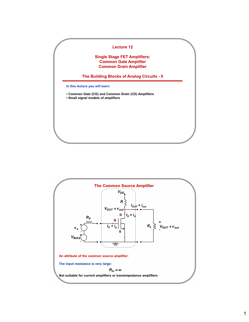 Lecture 12 Single Stage FET Amplifiers