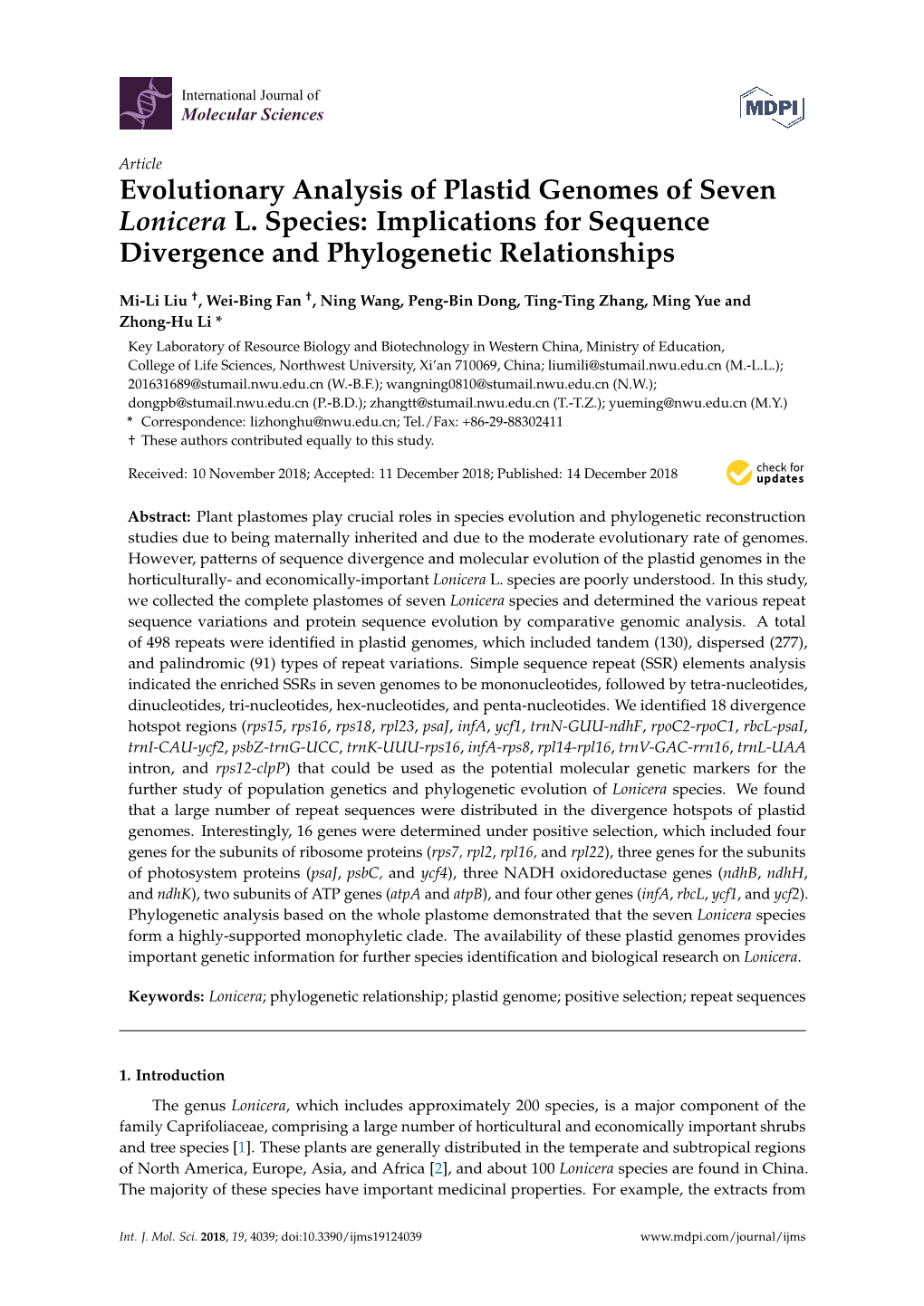 Evolutionary Analysis of Plastid Genomes of Seven Lonicera L
