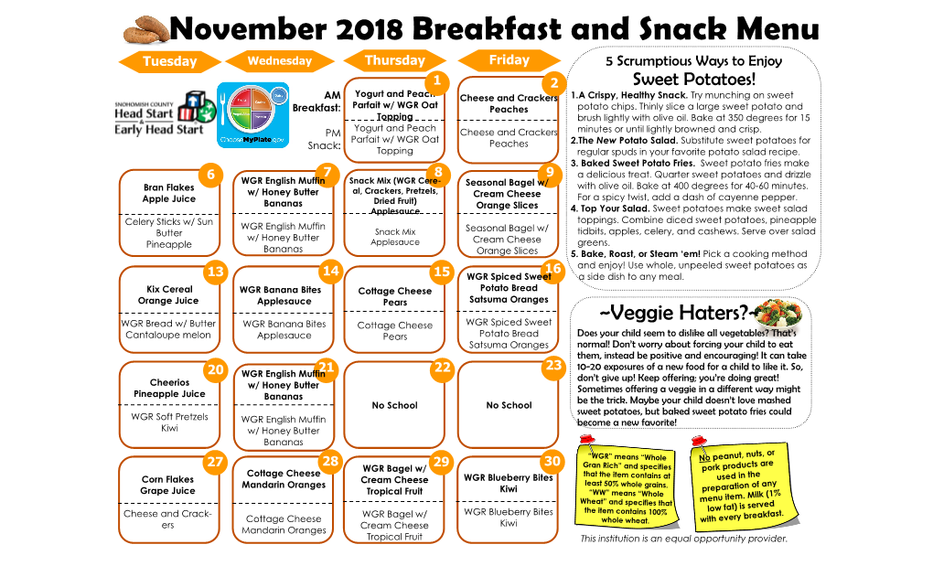 November 2018 Breakfast and Snack Menu