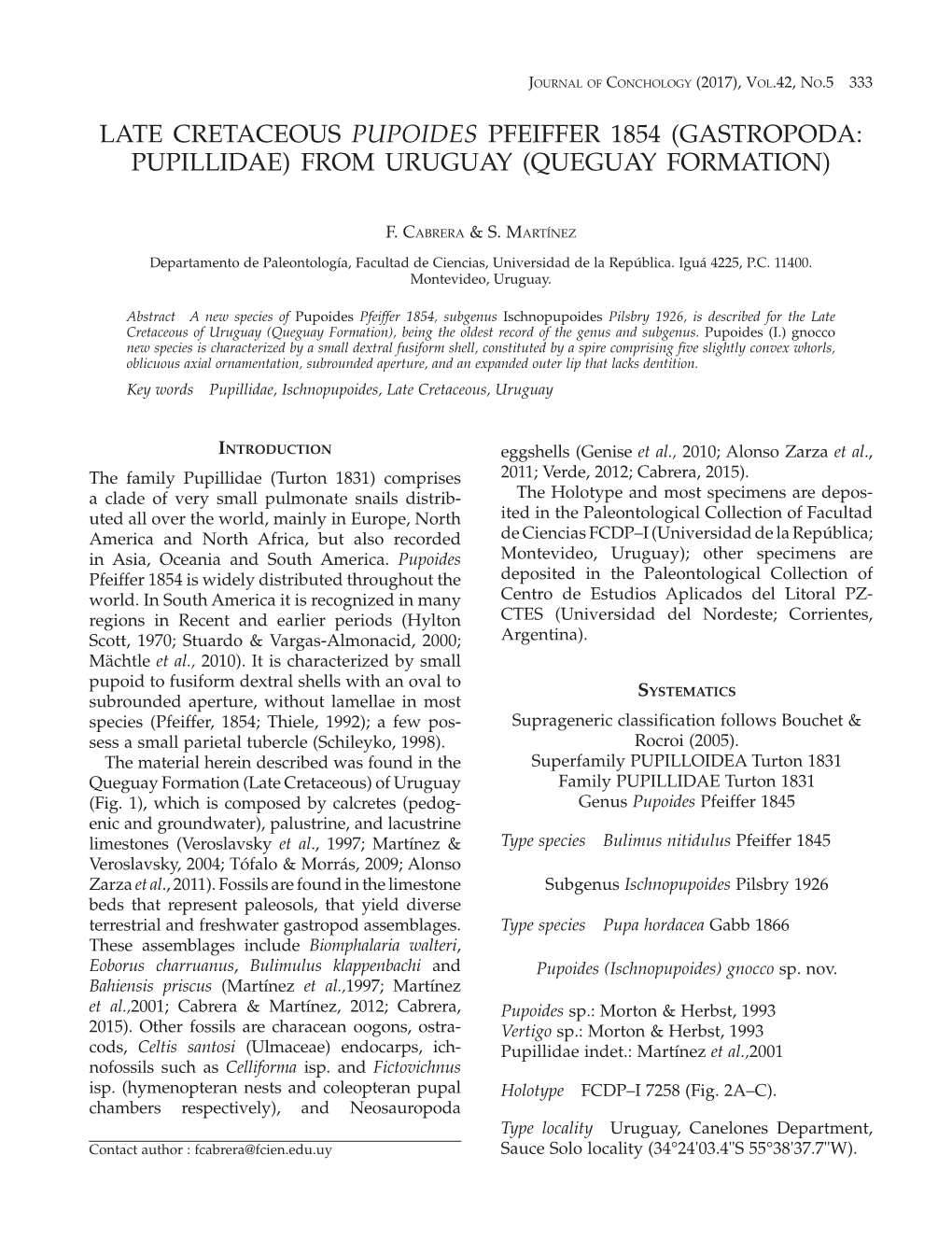 Late Cretaceous Pupoides Pfeiffer 1854 (Gastropoda: Pupillidae) from Uruguay (Queguay Formation)