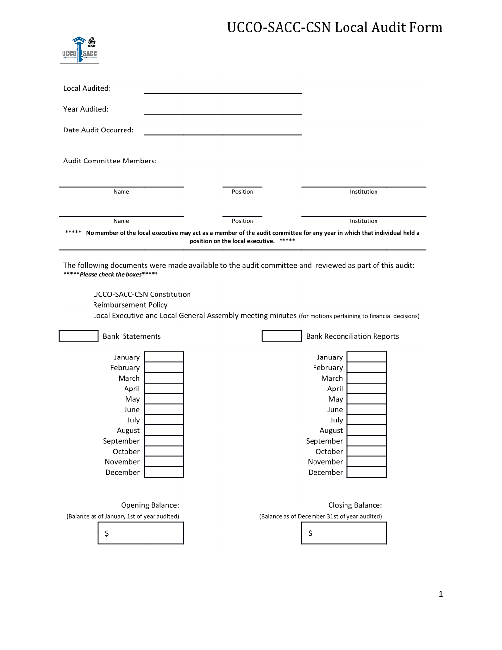 UCCO-SACC-CSN Local Audit Form