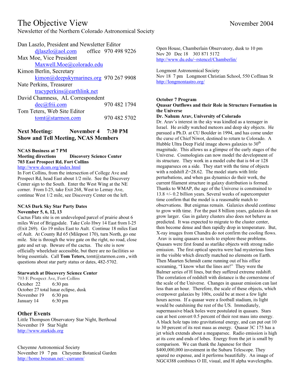 November 2004 Newsletter of the Northern Colorado Astronomical Society