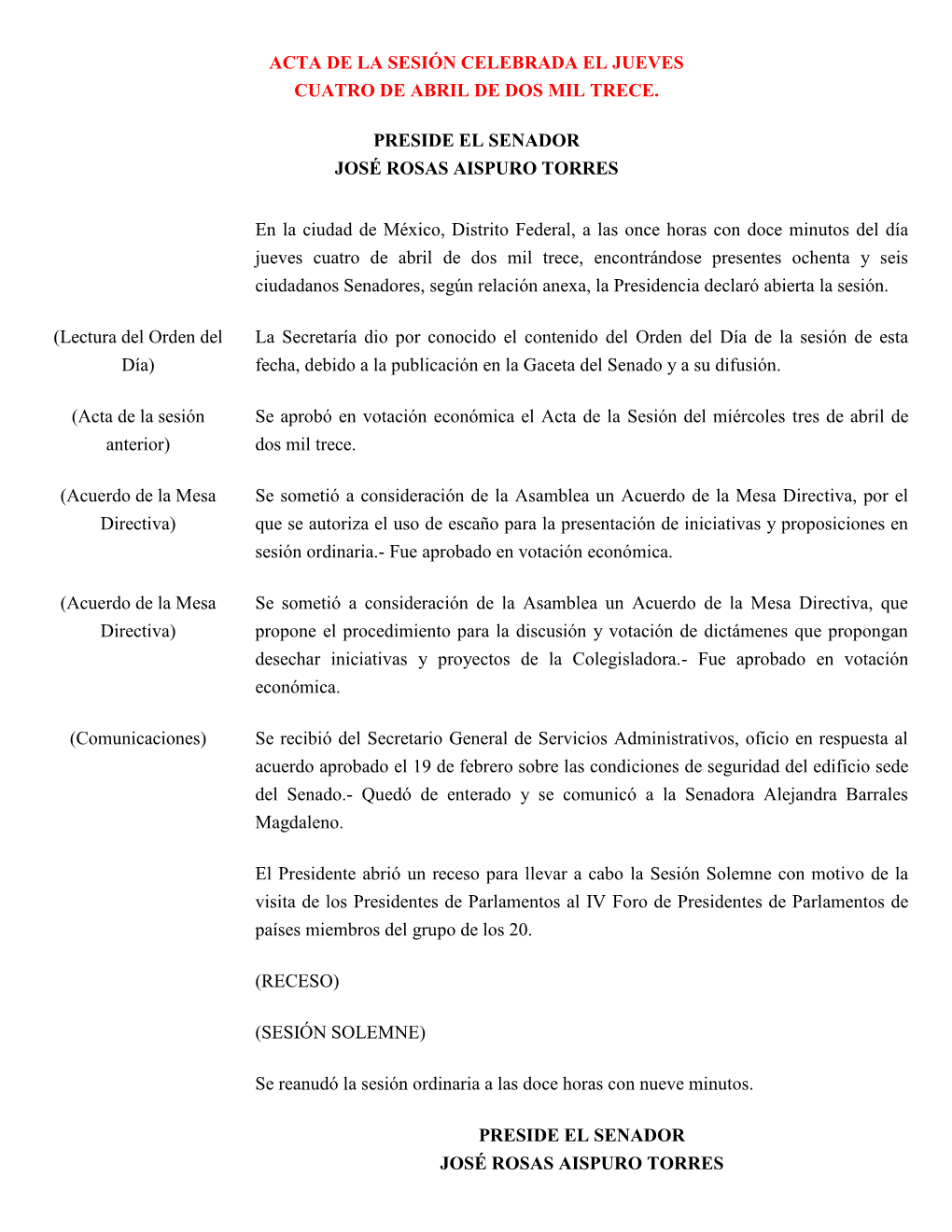 Acta De La Sesión Celebrada El Jueves Cuatro De Abril De Dos Mil Trece