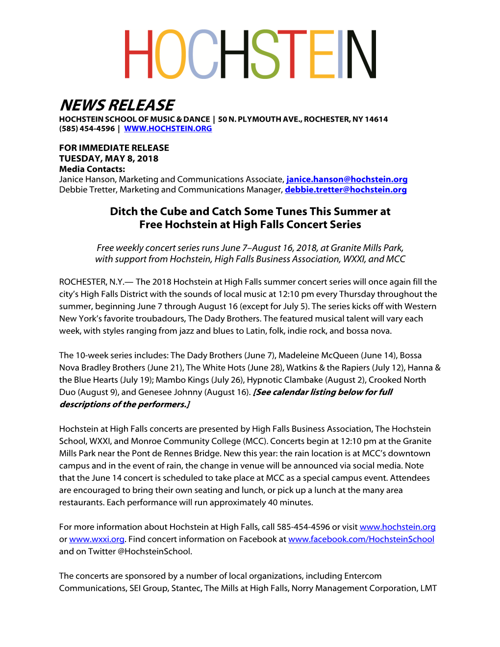 News Release Hochstein School of Music & Dance | 50 N