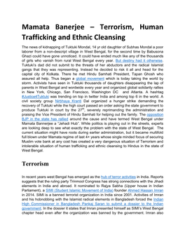 Mamata Banerjee – Terrorism, Human Trafficking and Ethnic Cleansing