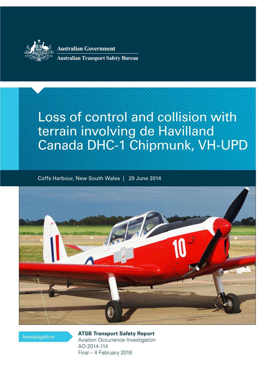 Loss of Control and Collision with Terrain Involving De Havilland Canada DHC-1 Chipmunk, VH-UPD, Coffs Harbour, New South Wales 29 June 2014