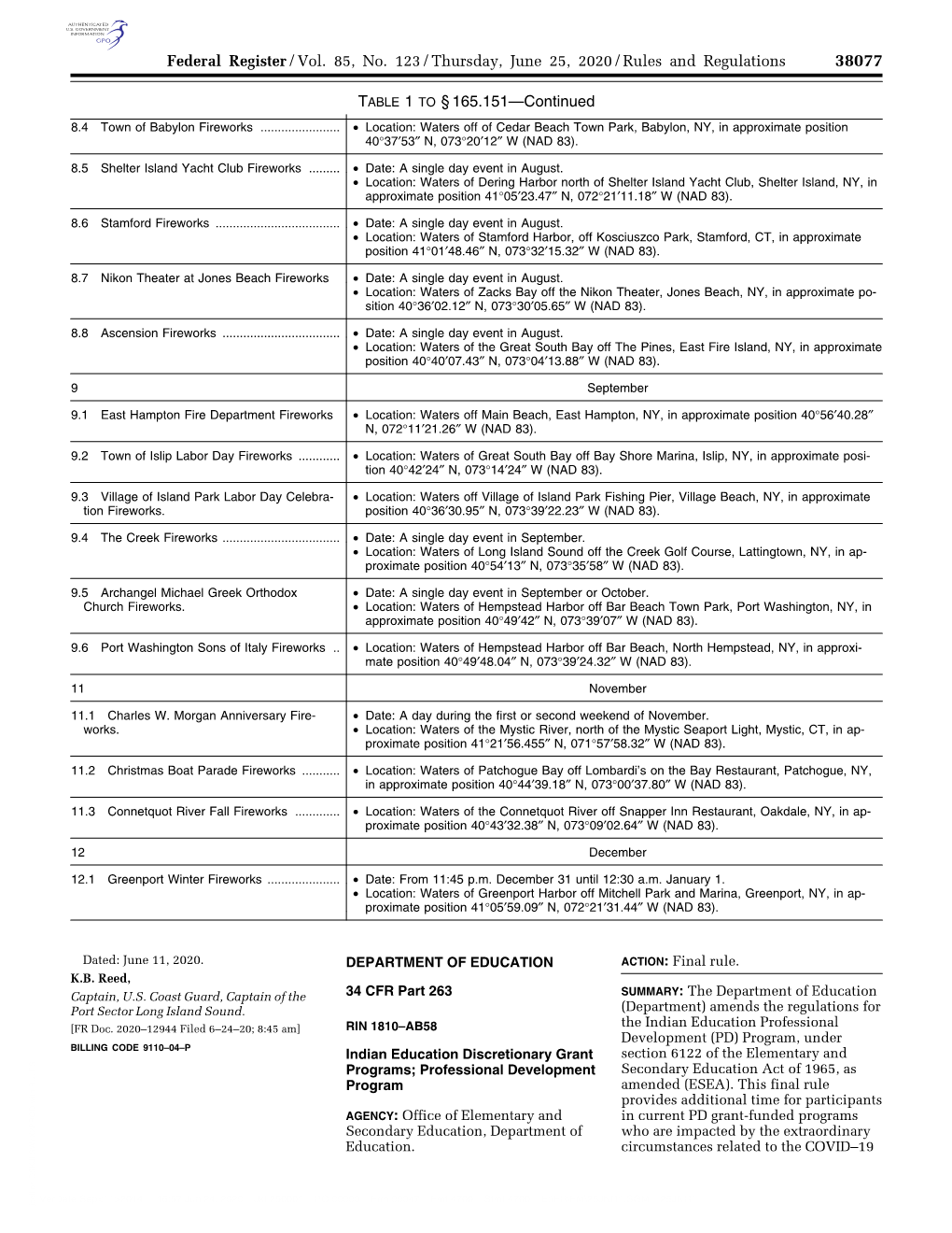 Federal Register/Vol. 85, No. 123/Thursday, June 25, 2020/Rules and Regulations TABLE 1 to § 165.151—Continued