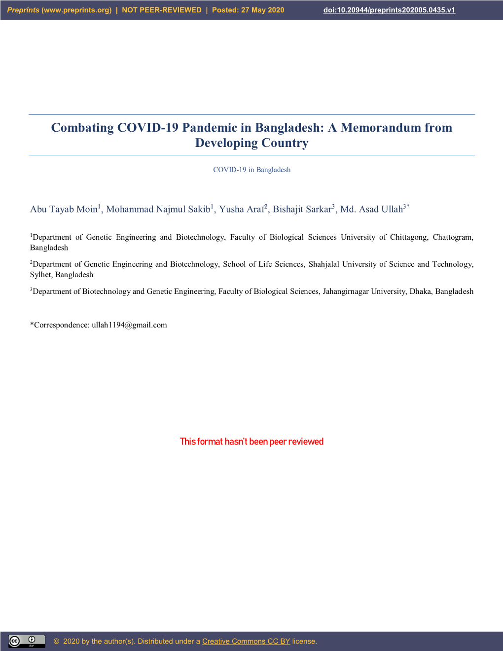 Combating COVID-19 Pandemic in Bangladesh: a Memorandum from Developing Country COVID-19 in Bangladesh