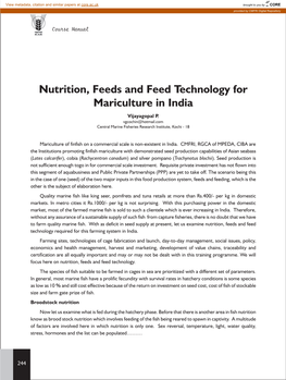 Nutrition, Feeds and Feed Technology for Mariculture in India Vijayagopal P