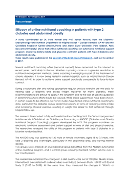 Efficacy of Online Nutritional Coaching in Patients with Type 2 Diabetes and Abdominal Obesity