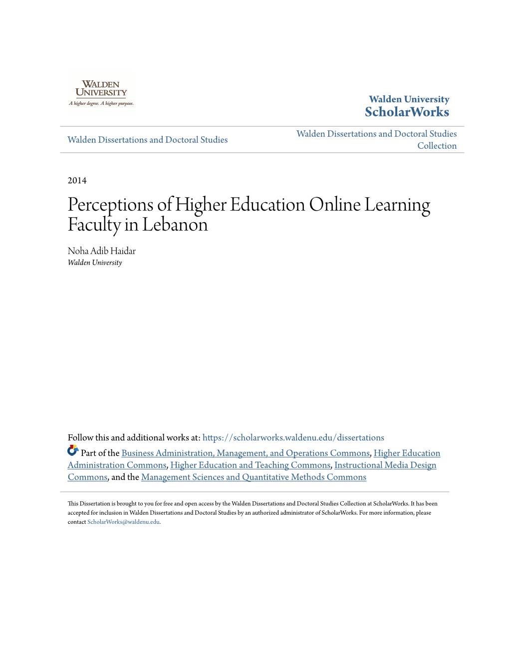 Perceptions of Higher Education Online Learning Faculty in Lebanon Noha Adib Haidar Walden University