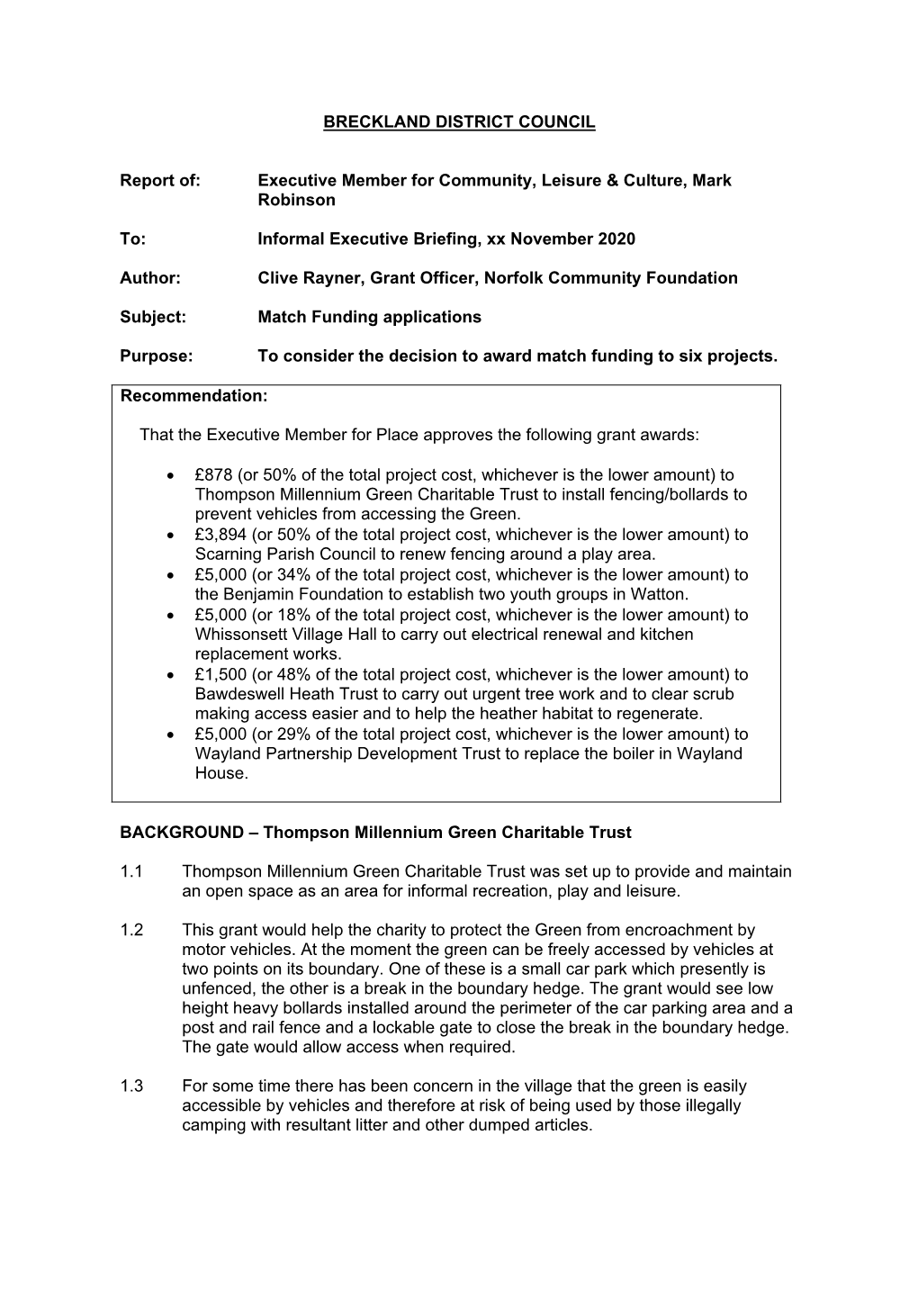 BRECKLAND DISTRICT COUNCIL Report Of: Executive Member For