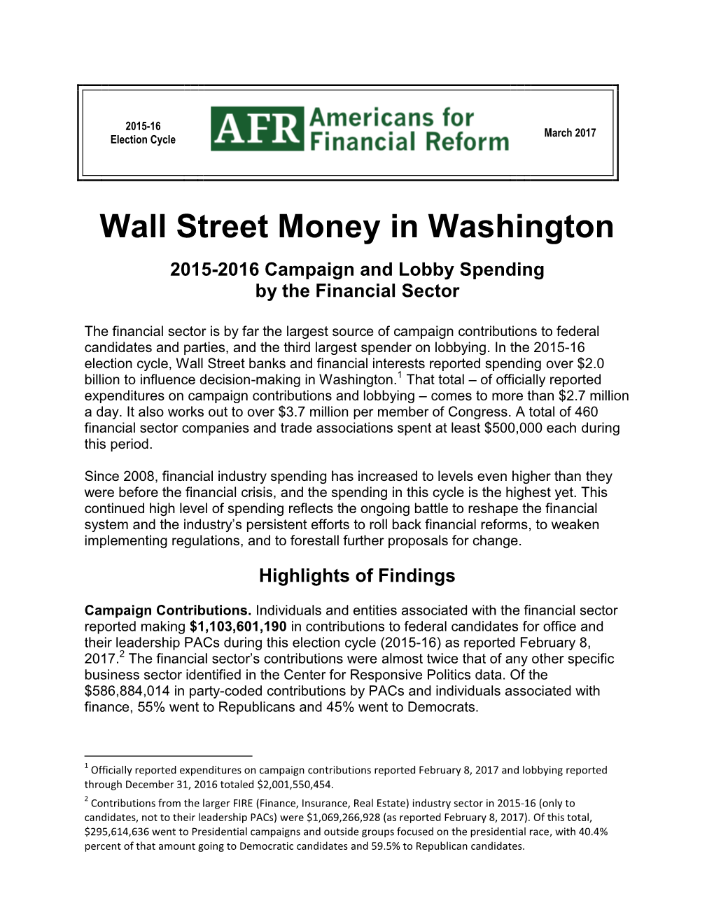 Wall Street Money in Washington 2015-2016 Campaign and Lobby Spending by the Financial Sector