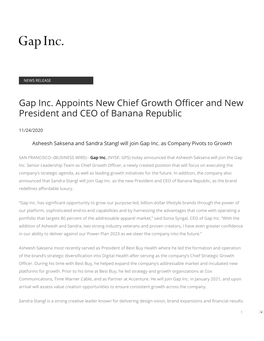 Gap Inc. Appoints New Chief Growth O Cer and New President and CEO