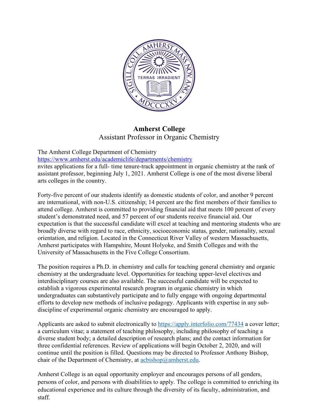 Amherst College Assistant Professor in Organic Chemistry