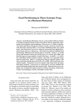Food Partitioning in Three Syntopic Frogs in a Bornean Plantation