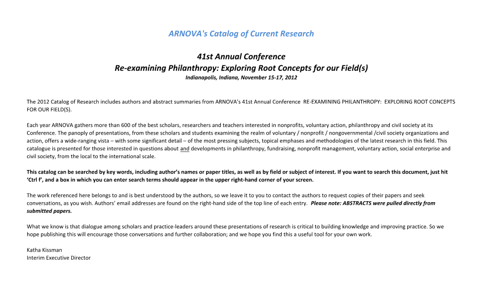 ARNOVA's 41St Annual Conference "Re-Examining Philanthropy